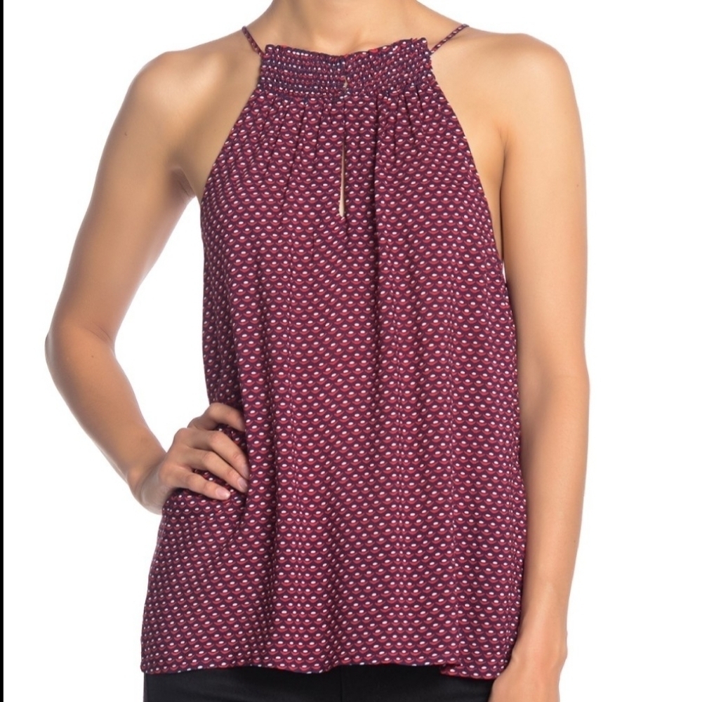 Splendid Tank Swing Sleeveless Halter Keyhole Neck Smocked Red White Navy XL NWT